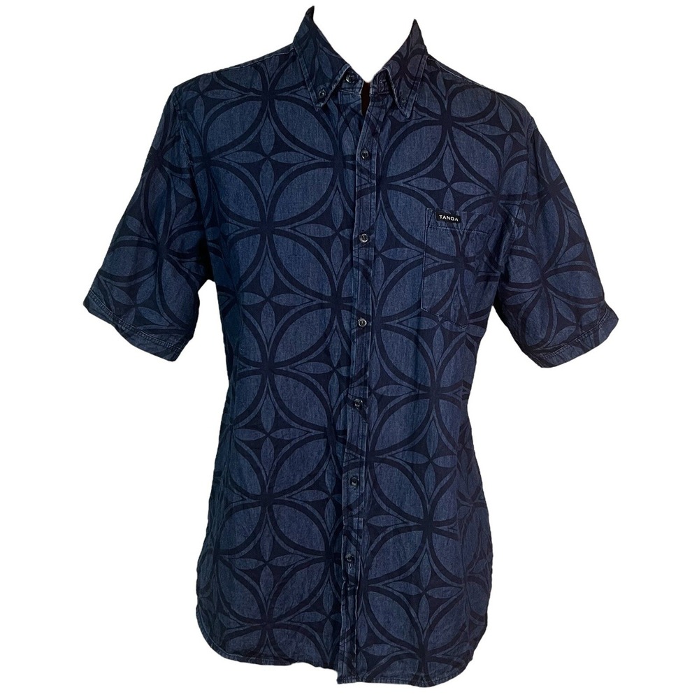 TANOA Men's Tailored Fit Blue Cotton Hawaiian Button Up Camp Shirt Large EUC